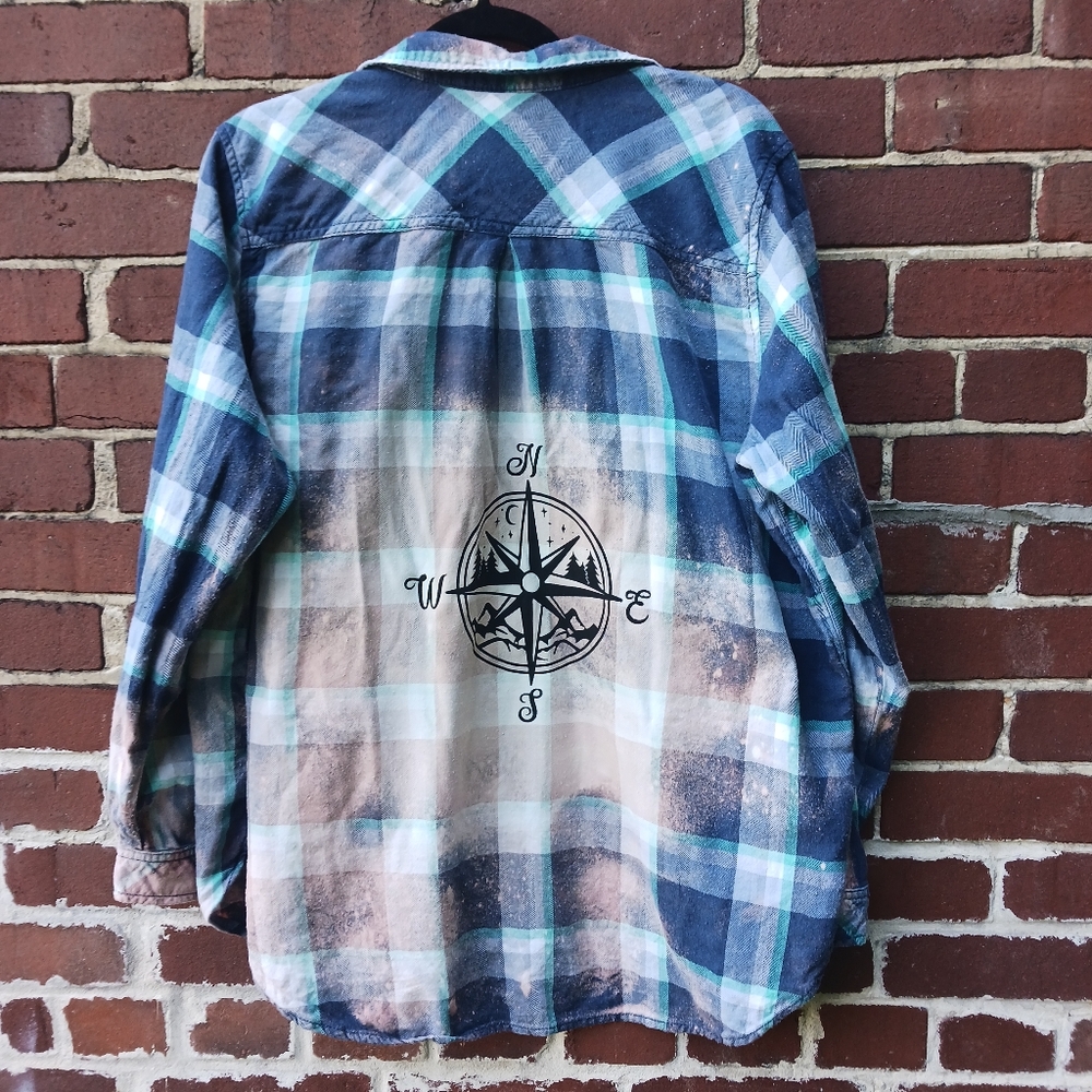 Upcycled Bleached Flannel Boho Shirt Shacket XL Compass